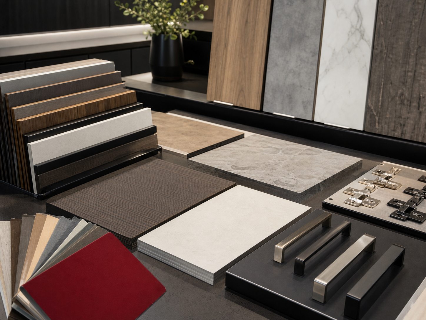 Laminate samples and cabinet hardware display